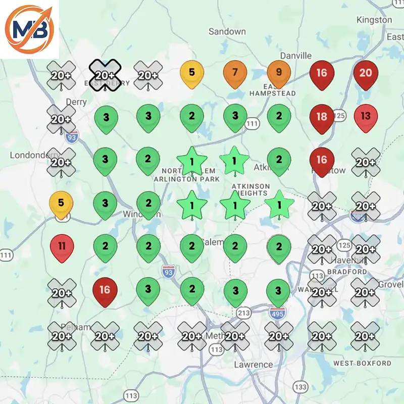 Google visibility heatmap after optimization — mostly green