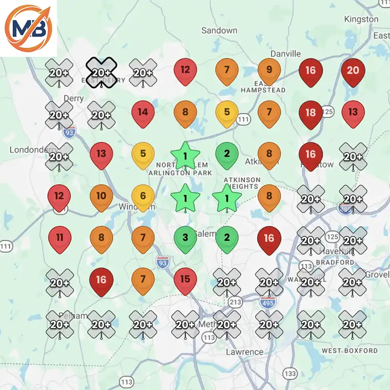 Google visibility heatmap before optimization — mostly red and orange